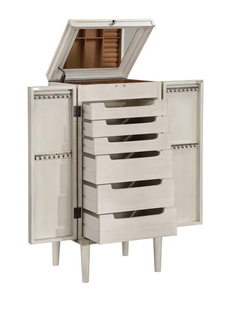 Deco 79 Wooden Geometric Washed Oval Rattan Front Armoire Jewelry 2 Door, 6 Drawer, and 32 Hook Cabinet with Mirrored Lift Top and Organizer Shelf, 20" x 18" x 47", Light Gray