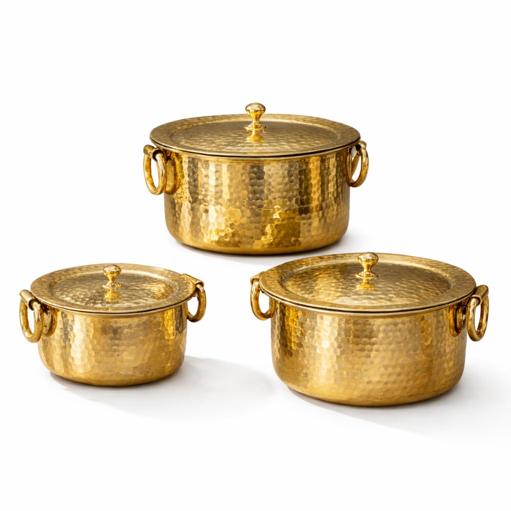 P•TAL Brass Stock Pot with Lid Naturally Nonstick and Toxin Free Pasta Pot Multipurpose Cooking Pot, PFOA and PTFE Free (Set of 3)