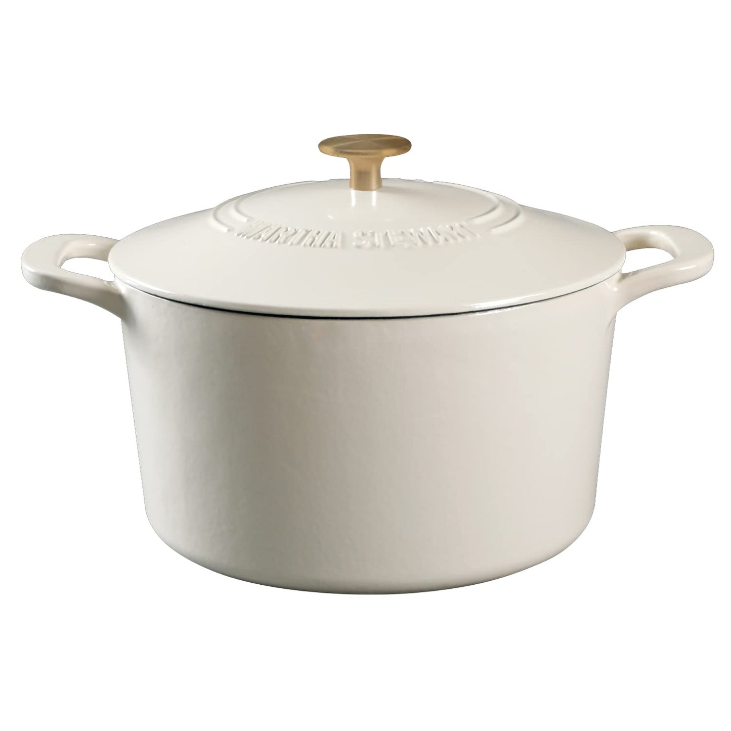 Martha Stewart Lockton Premium Nonstick PFA Free Ceramic Interior 10 Piece Heavy Gauge Enamel Aluminum Pots and Pans Cookware Set - Linen White w/Gold Handle & Gatwick 7 QT Enamel Cast Iron Dutch Oven