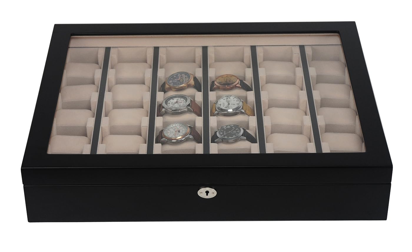 TIMELYBUYS 30 Piece Black Wood Watch Display Wall Hanging Case and Storage Organizer Box and Stand for Oversized Watches