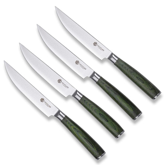 HexClad Green Steak Knife Set, 4-Pieces Damascus Stainless Steel Blades, Full Tang Construction, Pakkawood Handles