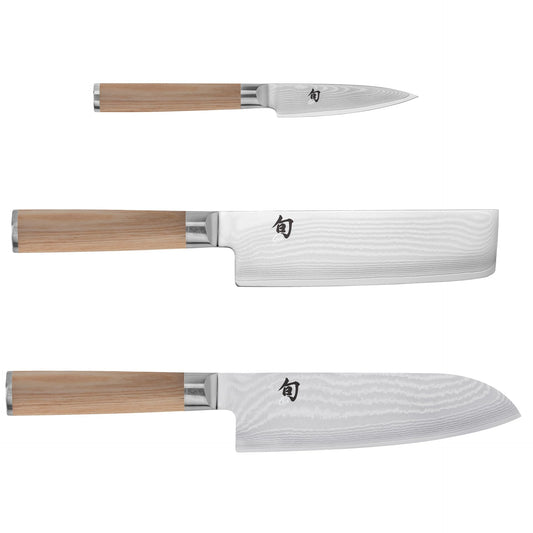 Shun Classic Blonde 3 Piece Japan Starter Set, Includes 7" Santoku, 3.5" Paring & 6.5" Nakiri Knives, Handcrafted Japanese Knife Set, Damascus Stainless Steel Cladding, Pakkawood Handles