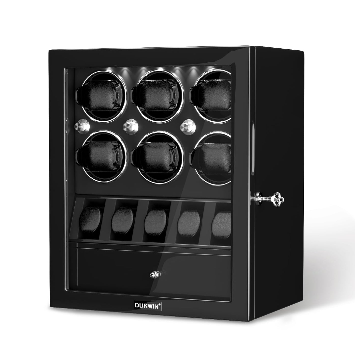 DUKWIN Watch Winder for 6 Automatic Watches,Lockable Watch Winders with Watch and Jewelry Storages, Super Quiet Mabuchi Motor with High-Gloss Piano Lacquer Finish,Built-in Illumination-Black