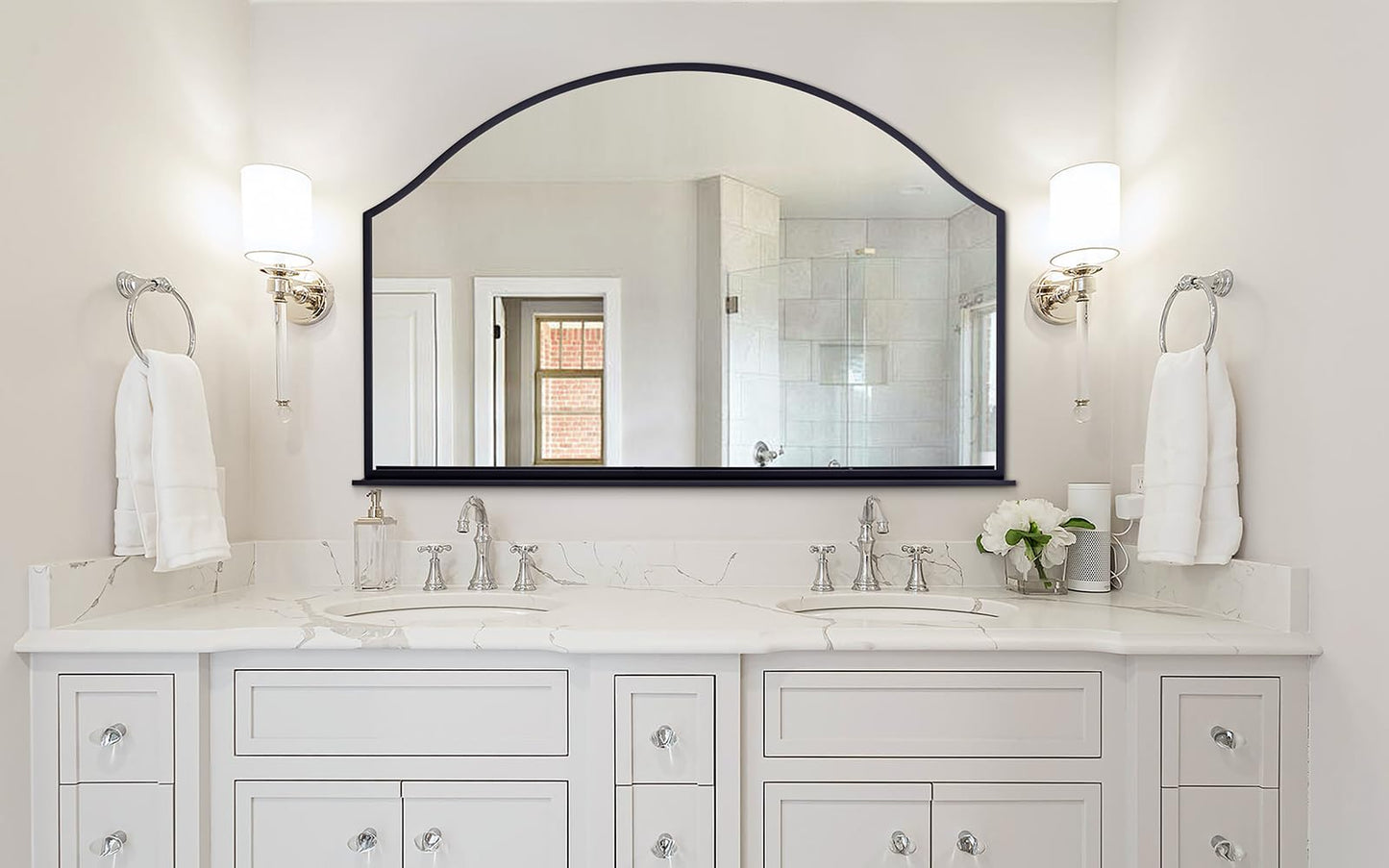 Chende 47''x32'' Large Wall Mirrors for Decor, Black Bathroom Mirror with Removable Shelf, Elegant Scallopd Mirror with Arched Frame for Entryway, Living Room, Mantel, Bedroom