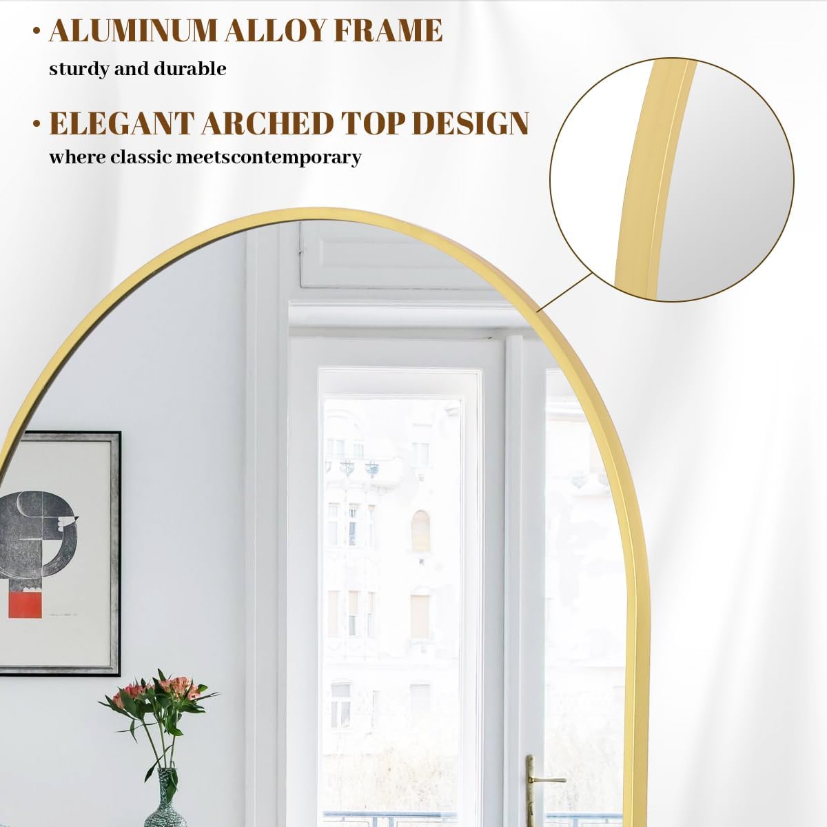 Koonmi 40"x80" Arched Full Length Mirror, Gold Large Floor Mirror with Aluminum Alloy Frame, Standing Hanging or Leaning Wall-Mounted Full Body Mirror for Living Room and Bedroom