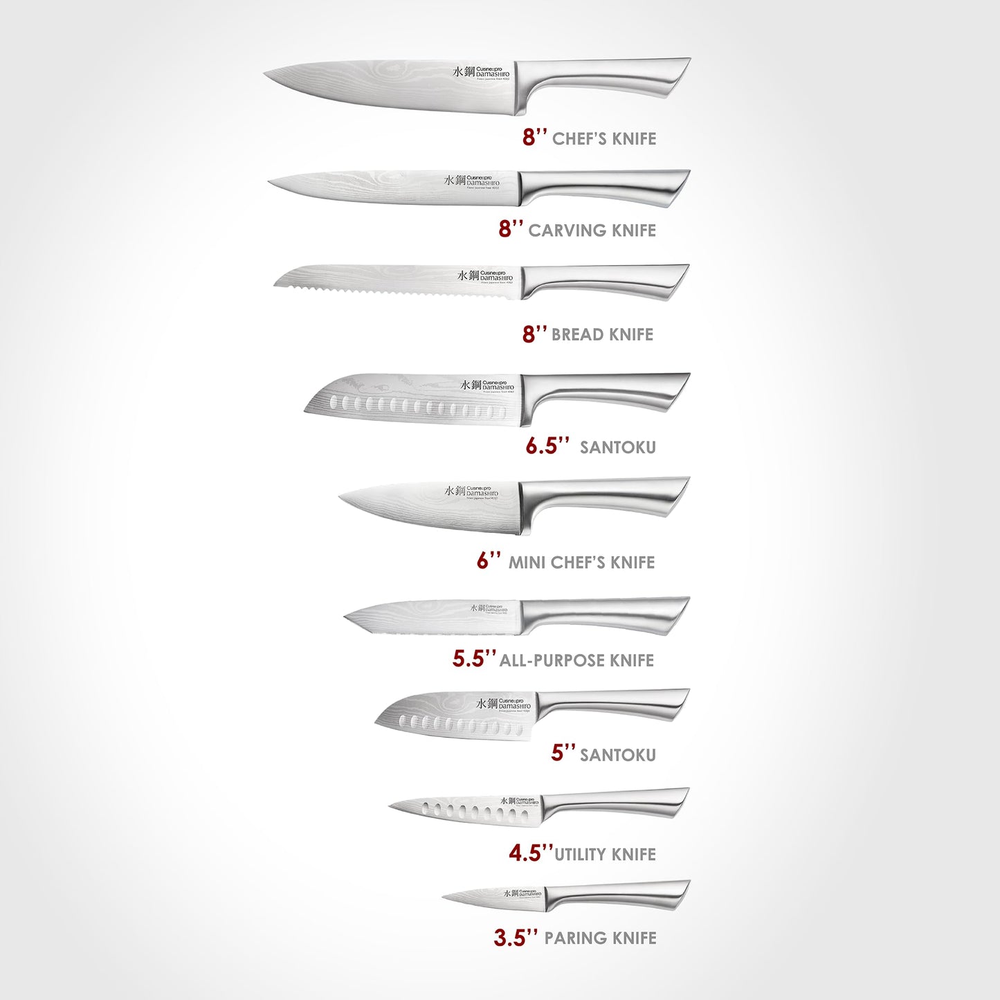 Cuisine::pro Damashiro Knife Block (Hiryu, 10-Piece Set) - Premium Japanese Steel Knife Set with Acacia Wood Block & Tempered Glass Window - Damascus-Inspired Blade