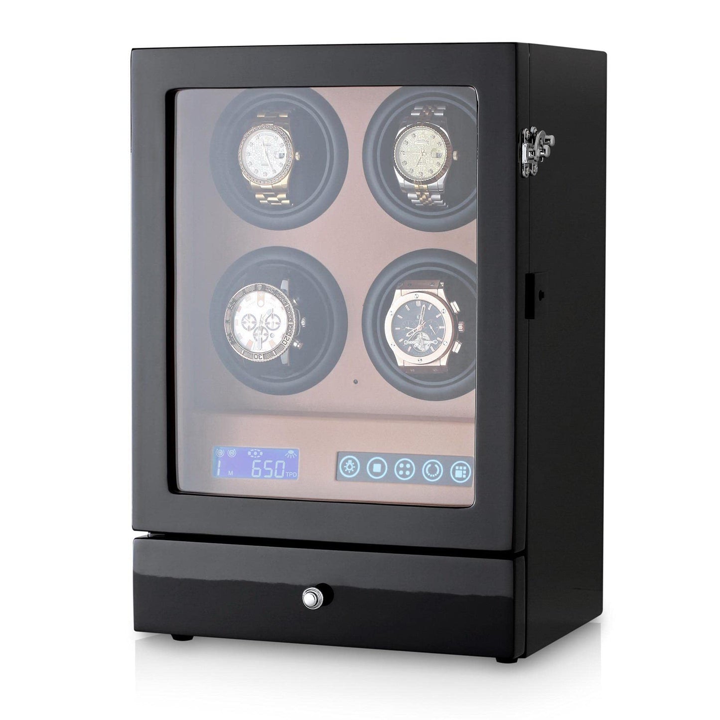 Automatic Watch Winder with LED Light, Storage Drawer and LCD Touchscreen Control (Black + Brown)
