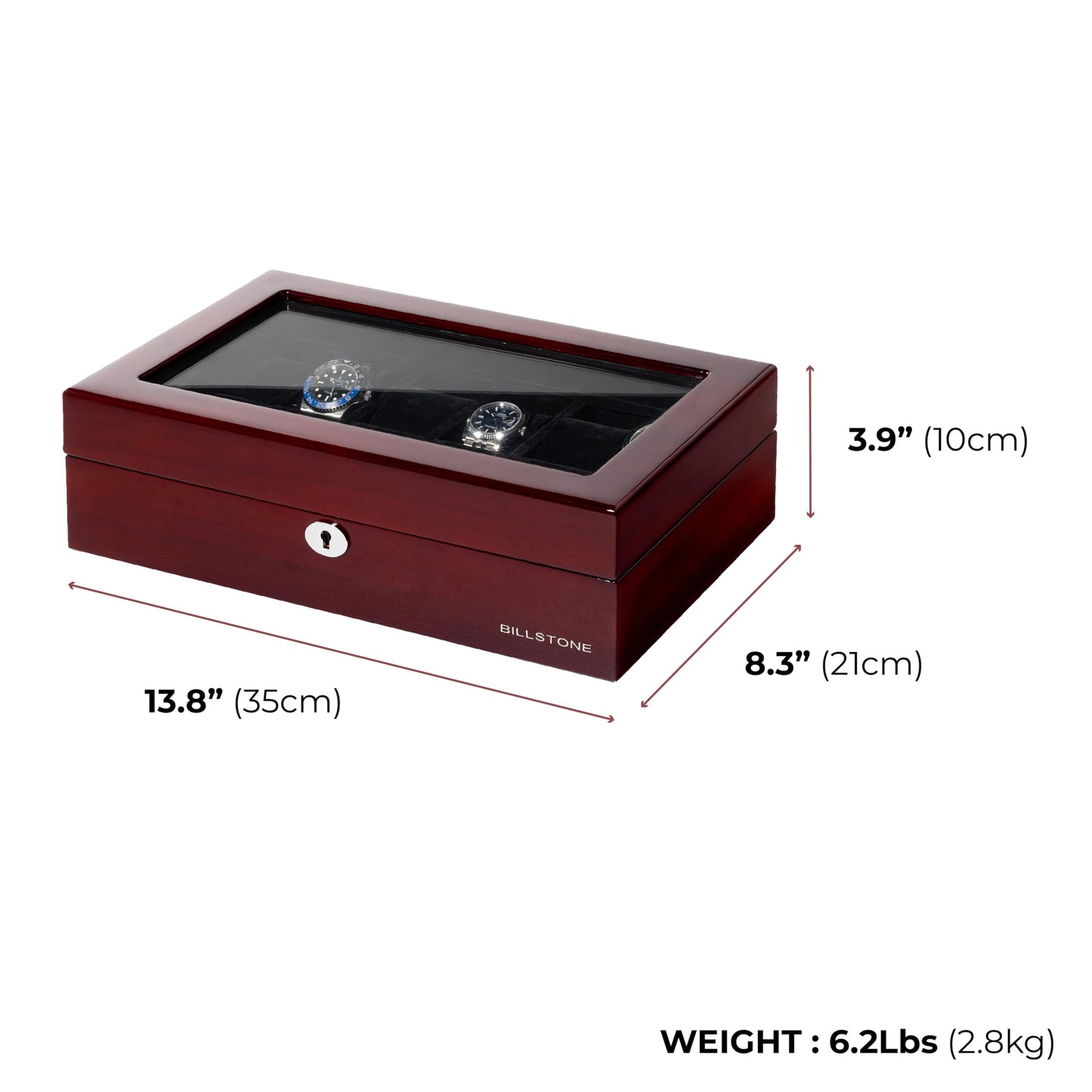 BILLSTONE Heritage 12 Wooden Watch Box – 12 Slot Watch Organizer, High-Polish Bubinga Wood with Black Velvet Interior