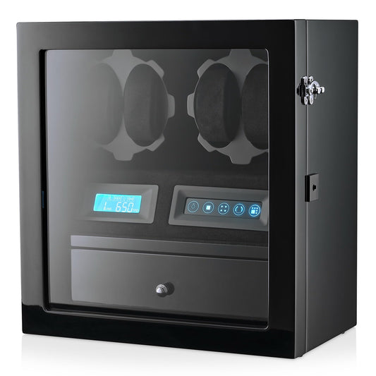 4 Watch Winder with 5 Watch Storage Space, LCD Display, Touch Control and Interior Light (Black + Black)