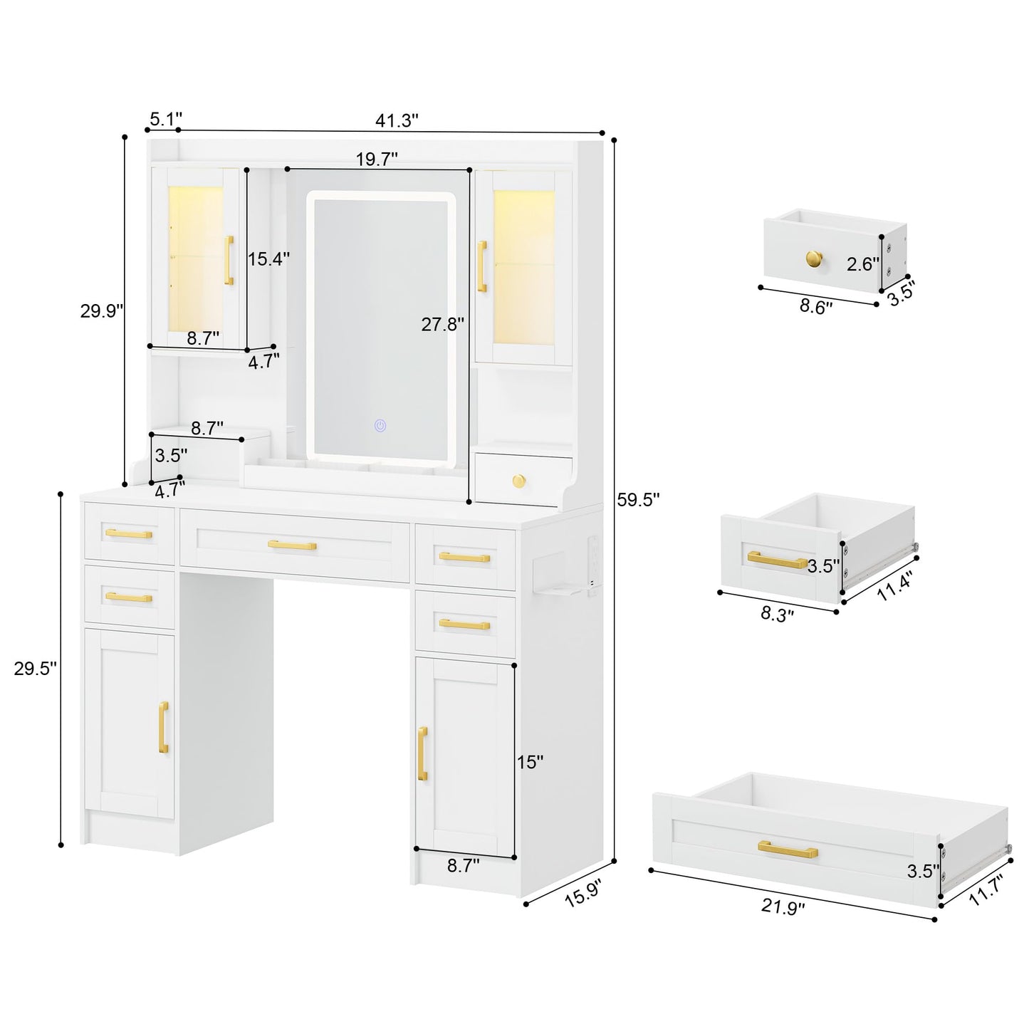 NUNU LAB Large White Vanity Desk with Mirror and Lights with 5 Drawers, Women Makeup Table with Power Outlet, 3-Color Adjustable Lighting for Bedroom Brown