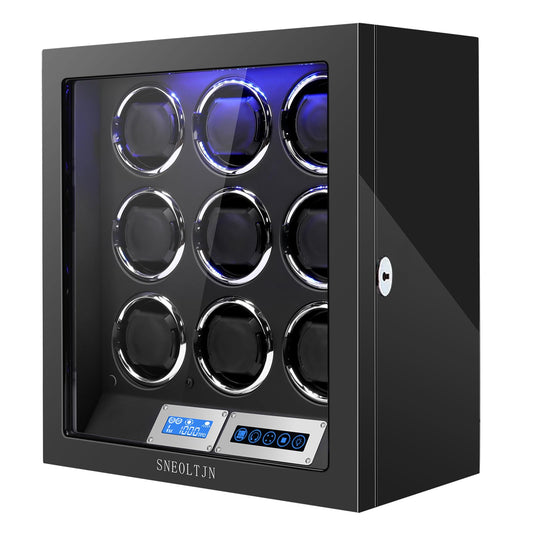 SNEOLTJN Watch Winder for 9 Slots Automatic Watches,Ultra-Quiet Japanese Motors, Built-in LED Illumination and LCD Touchscreen Control