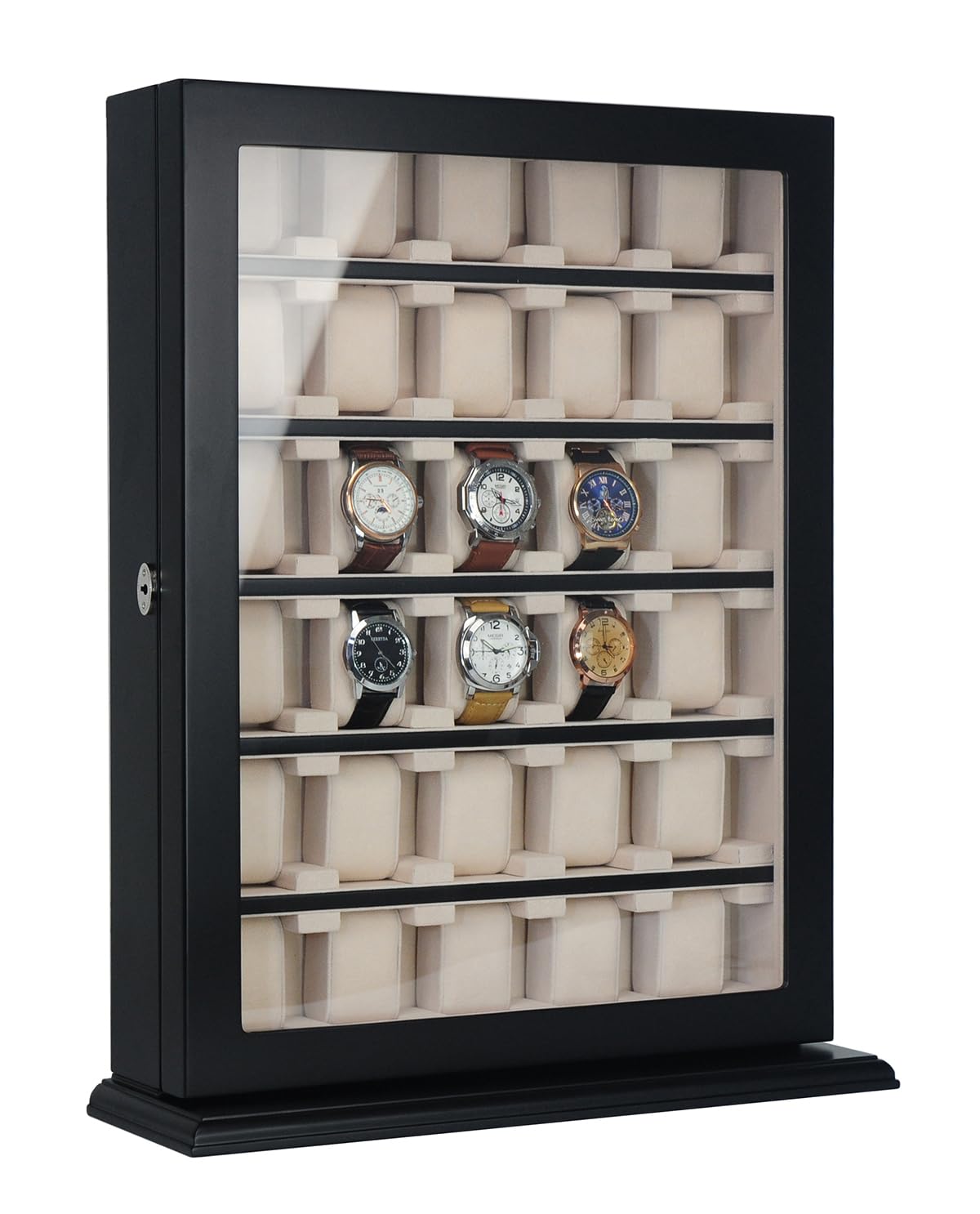TIMELYBUYS 30 Piece Black Wood Watch Display Wall Hanging Case and Storage Organizer Box and Stand for Oversized Watches