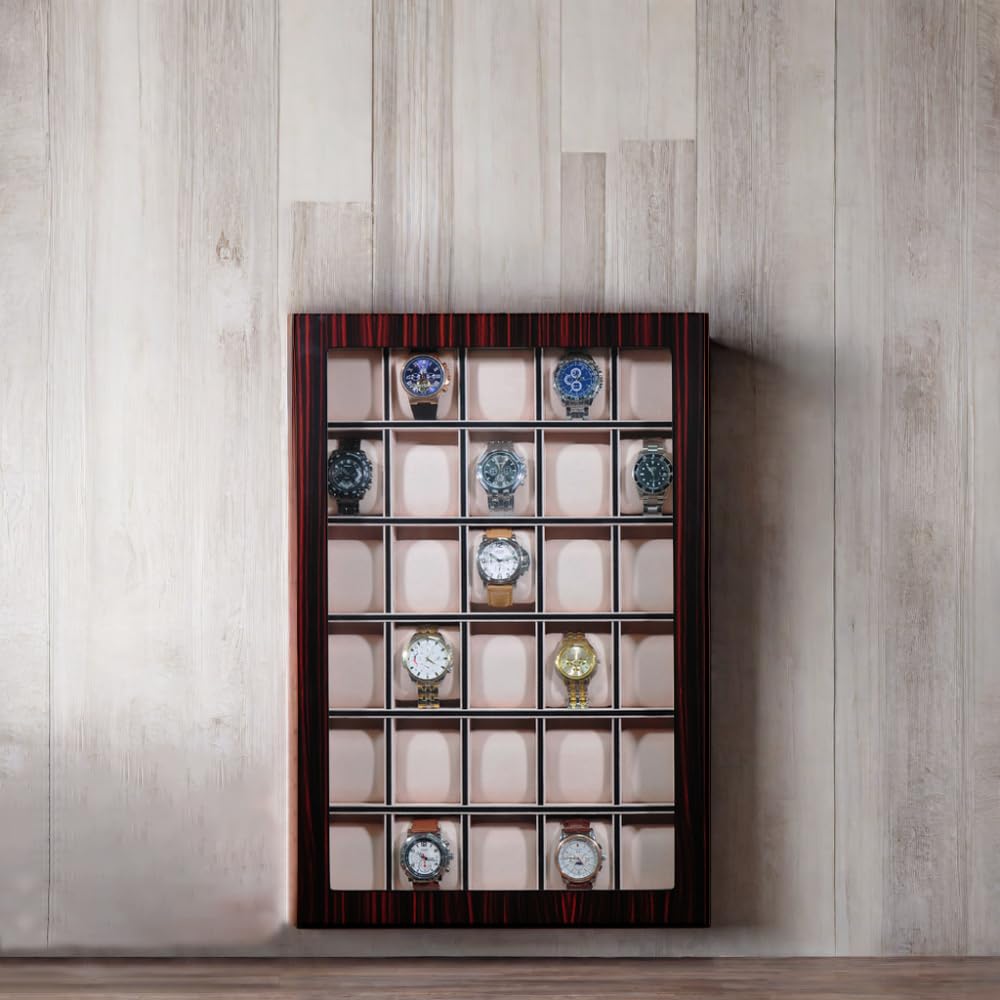 TIMELYBUYS 30 Piece Ebony Wood Watch Display Wall Hanging Case and Storage Organizer Box and Stand Father's Day Gift