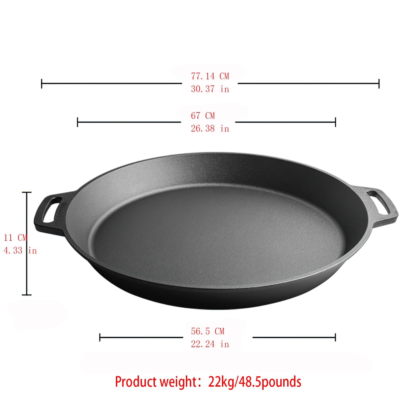 LI-GELISI 26-inch cast iron frying pan with double auxiliary handles, nitrogen-treated for rust resistance, suitable for stoves/grills/campfires, heavy-duty frying pan for outdoor cooking