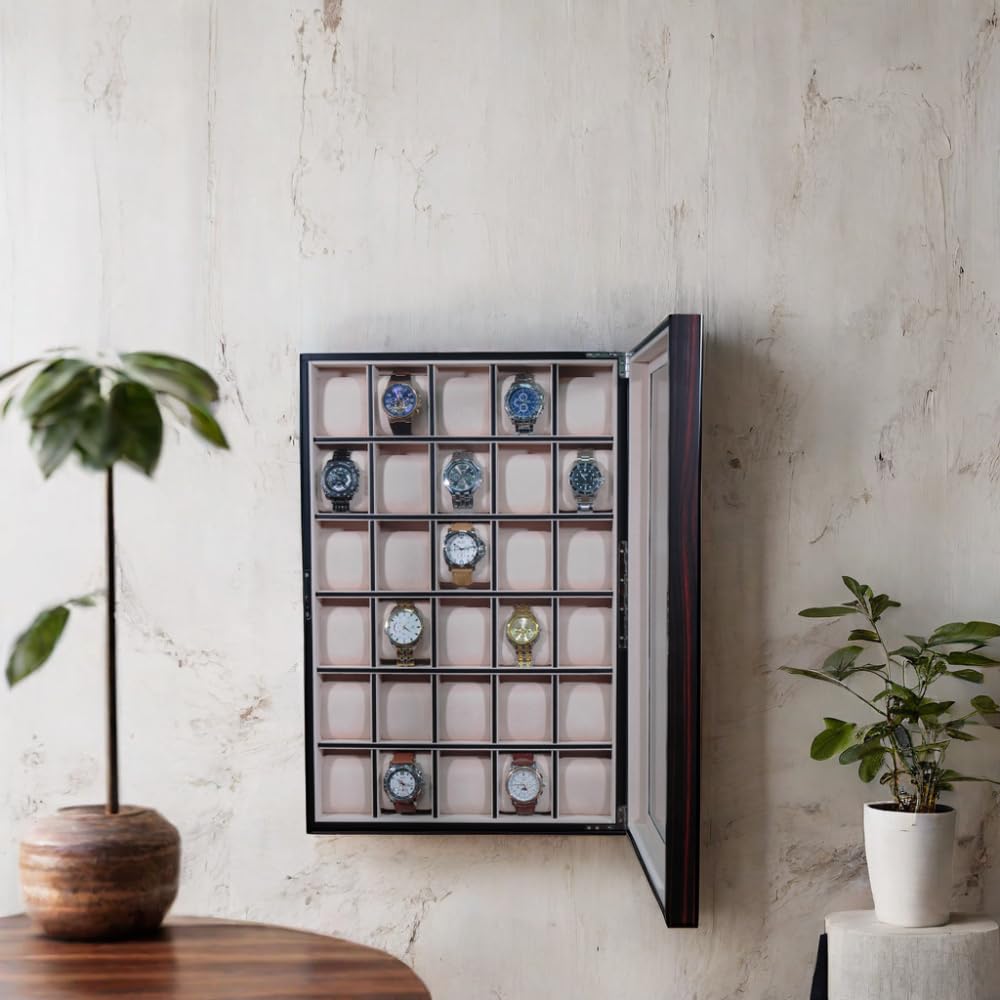 TIMELYBUYS 30 Piece Ebony Wood Watch Display Wall Hanging Case and Storage Organizer Box and Stand Father's Day Gift