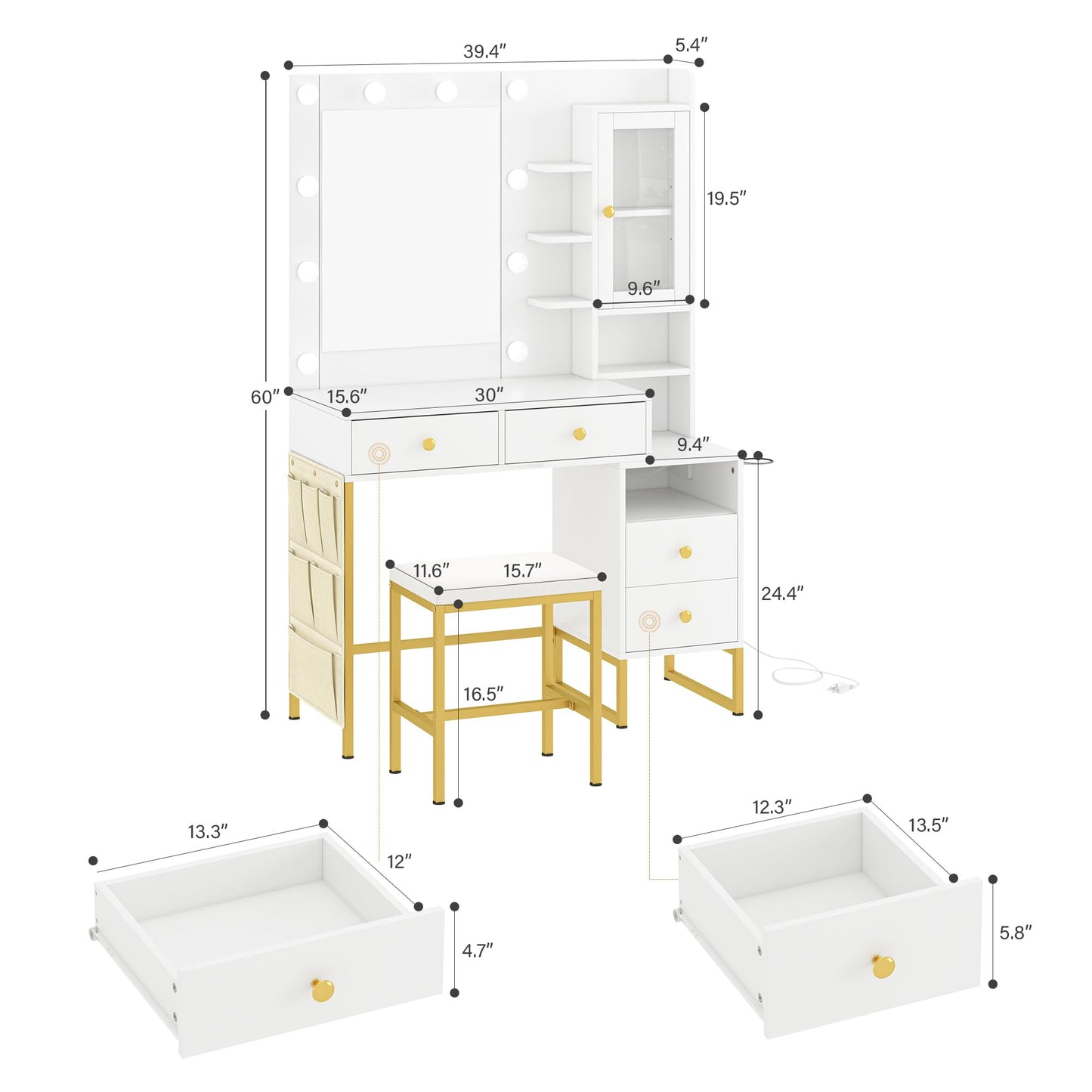 NUNU LAB Morden Makeup Vanity Desk with Mirror, Bedroom Dressing Table Set with Storage Shelf and 5 Drawers, Large Vanity Table with 10 LED Lights for Women, Girls, Teens