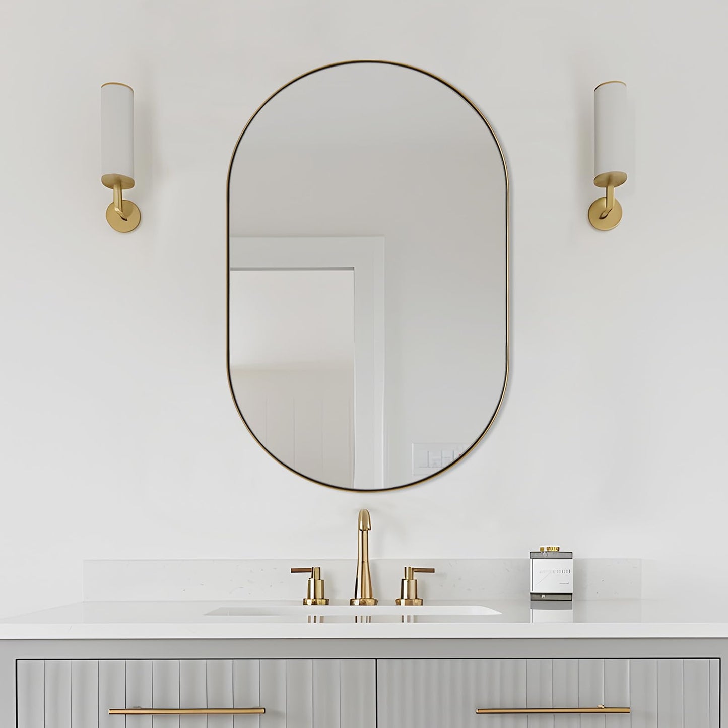 ANDY STAR 26x38 Inch Gold Oval Mirror, Oval Brass Mirror Pill Shaped Stainless Steel 1’’ Deep Metal Frame Wall Mounted Vertically & Horizontally Ideal for Limited Space
