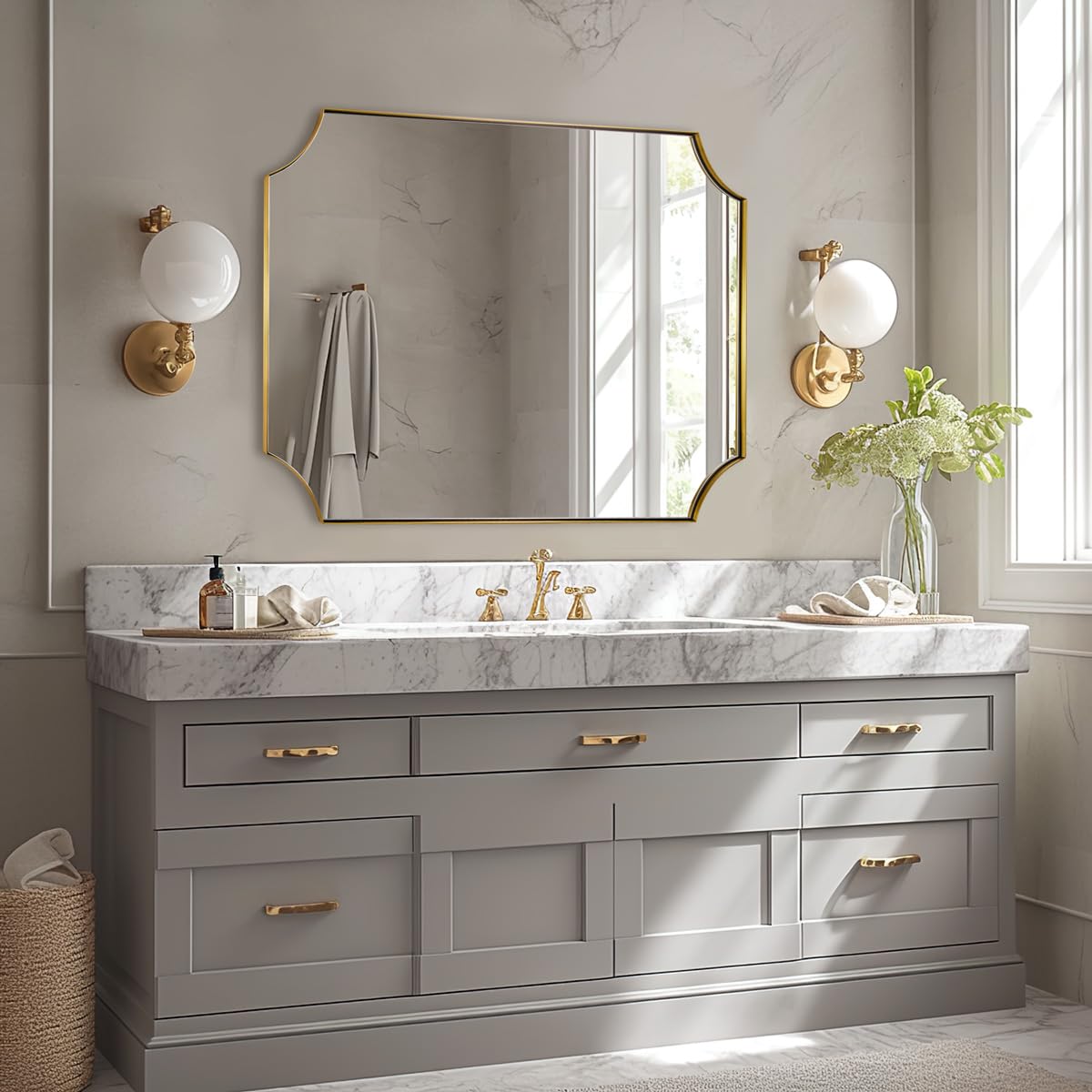 ANDY STAR 30x40 Inch Brushed Gold Mirror, Gold Scalloped Bathroom Mirror, Unique Rectangle Mirror in Never-Rust Stainless Steel Metal Frame, Wall Mount Vertical or Horizontal