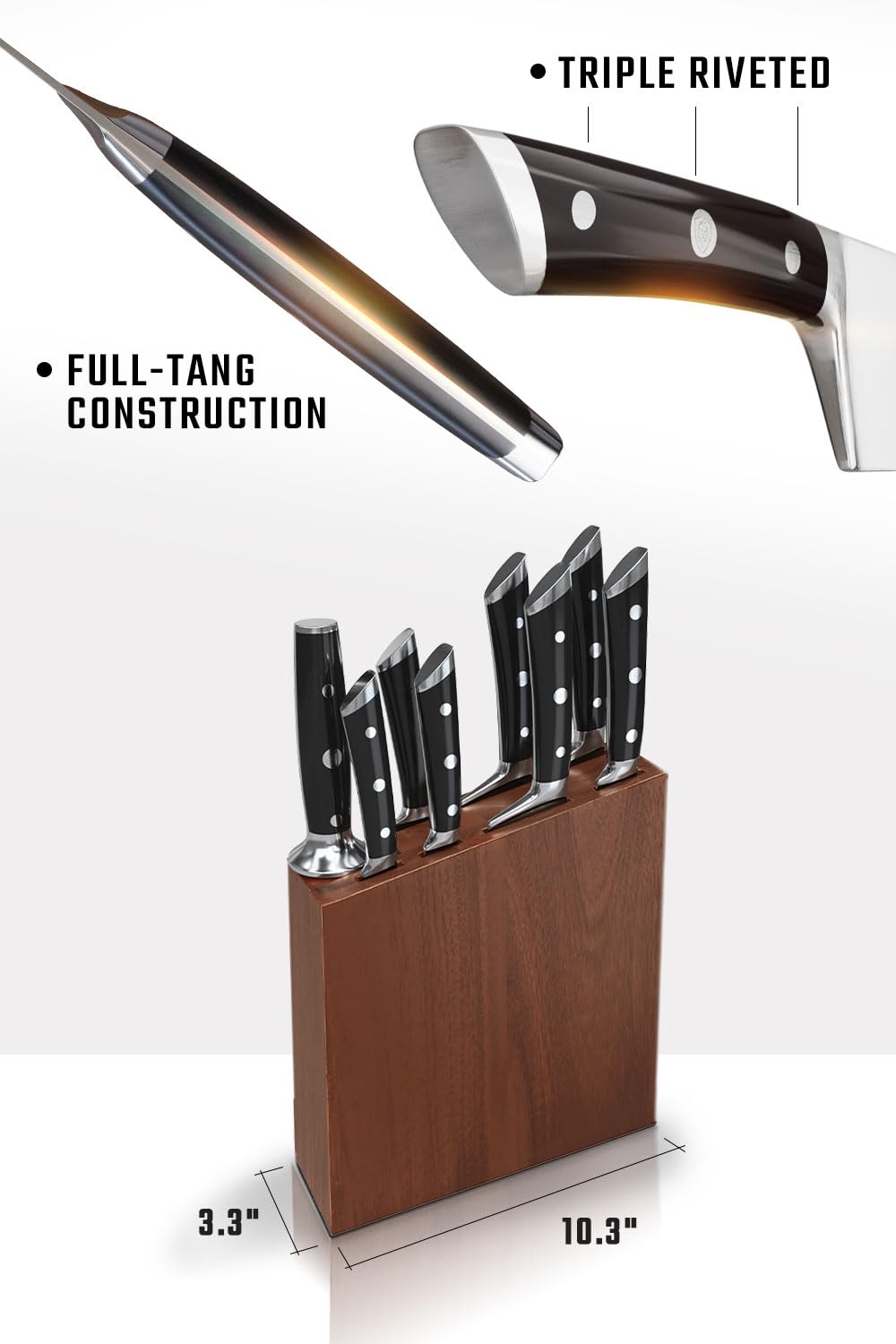 Dalstrong 8-Piece Knife Block Set — German High-Carbon Steel, Full-Tang, Hand-Polished 14–16° Edge — Gladiator Series For First Real Kitchens, New Homeowners & Apartment Cooks — Acacia Block, NSF