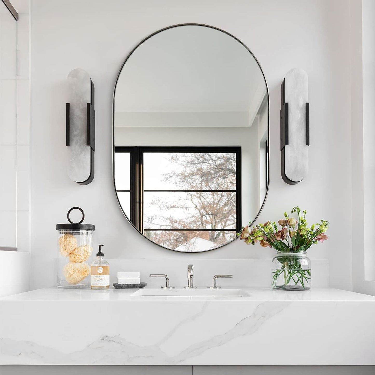 ANDY STAR Chrome Oval Mirror 26x38’’ Pill-Shaped Mirror Chrome Metal Framed for Bathroom Vanity in 1 Inch Stainless Steel Meatl Frame Anti-Rust Wall-Mounted Vertically/Horizontally