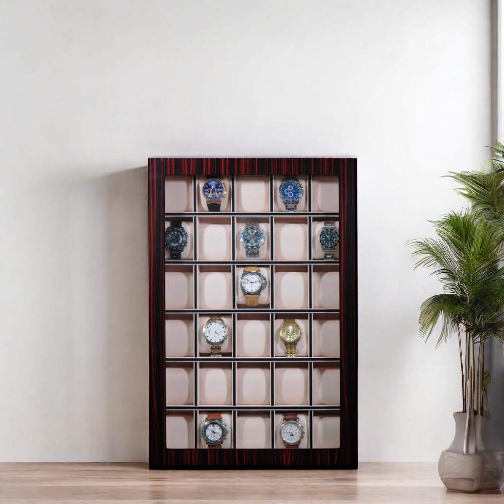 TIMELYBUYS 30 Piece Ebony Wood Watch Display Wall Hanging Case and Storage Organizer Box and Stand Father's Day Gift
