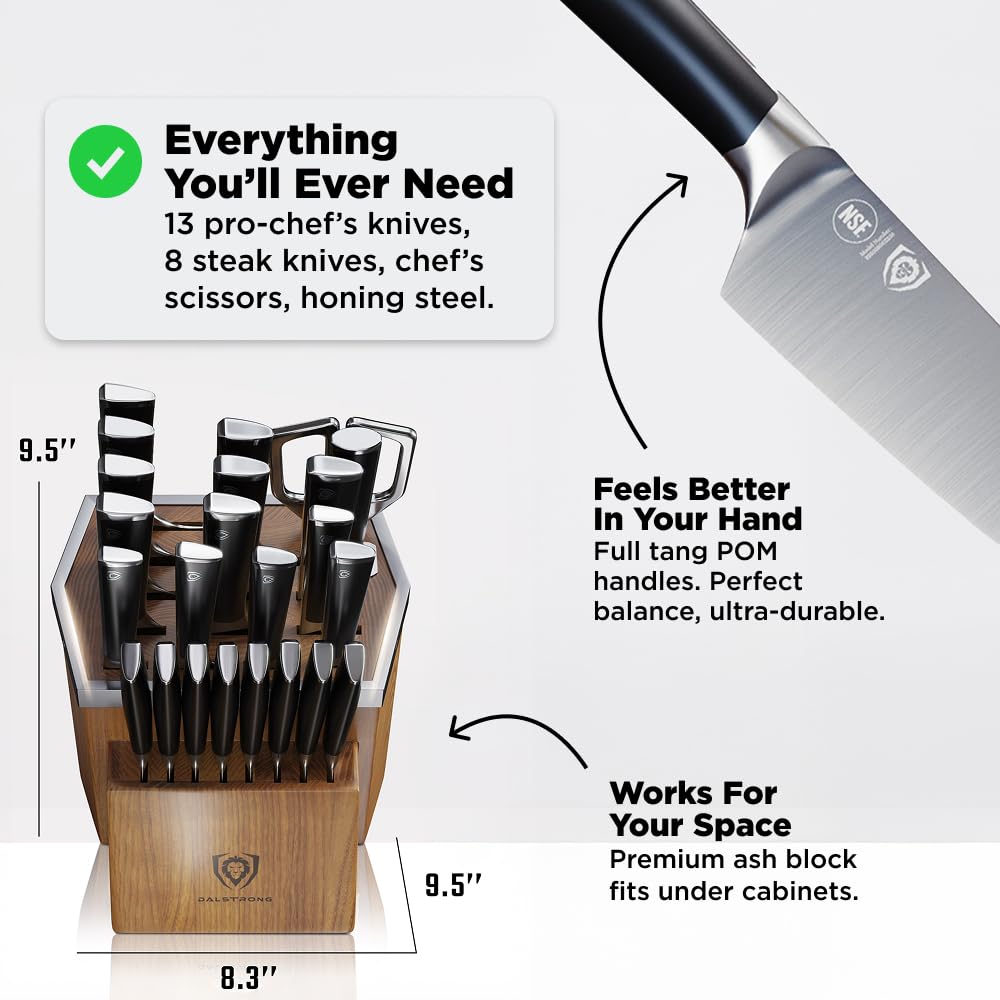 Dalstrong 24-Piece Knife Block Set — Forged German Steel (9–11° Hand-Sharpened Edge), Kiritsuke, Carving, Steak Knives — Vanquish Series For Serious Entertainers, Dinner Parties & Holiday Kitchens