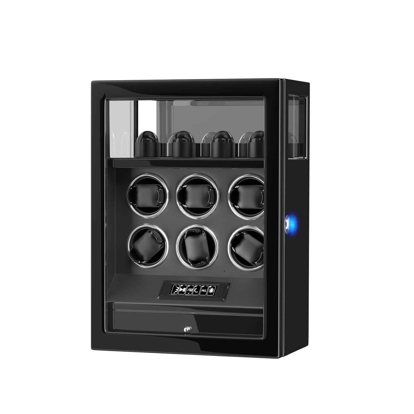 DUKWIN Watch Winder, Fingerprint Lock Automatic Watch Winder for 6 Watches with 4 Holders,300-2300 TPD,Digital Display, Remote Control,Jewelry Storage and Adjustable Watch Pillow and LED Light,Black