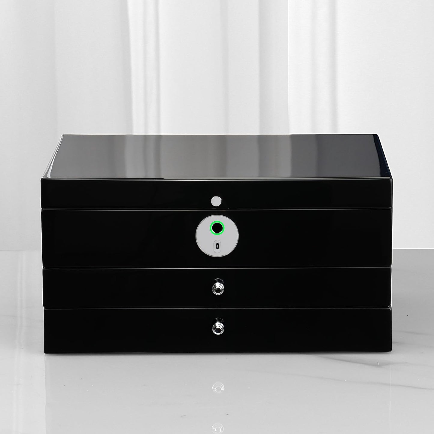 SYENS Jewelry Box with Fingerprint Lock, Black Wood Piano Lacquer Jewellery Organizer Storage Box with Drawer, 3-layer Full Lockable, for Women or Men's gift