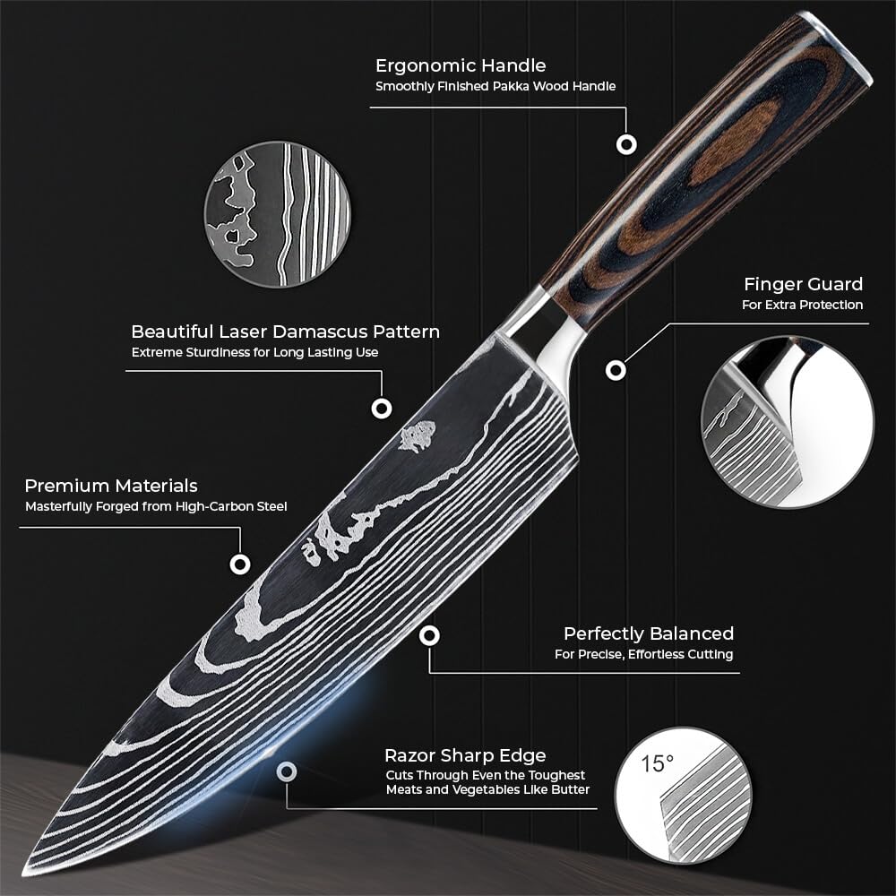 SENKEN 16-Piece Natural Acacia Wood Kitchen Knife Block Set - Japanese Chef's Knife Set with Laser Damascus Pattern, Includes Steak Knives, Kitchen Shears, Santoku, Cleaver & More (Wooden Handles)