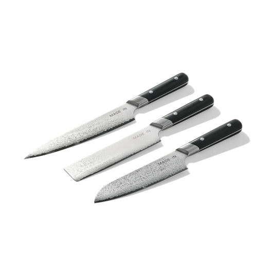 Made In Cookware | 3-piece Japanese Damascus Steel Knife Set (Includes Gyuto, Nakiri and Santoku) | 66 Layers of Damascus Steel with a VG-10 Core | Crafted in Japan | Full Tang With Black POM Handle