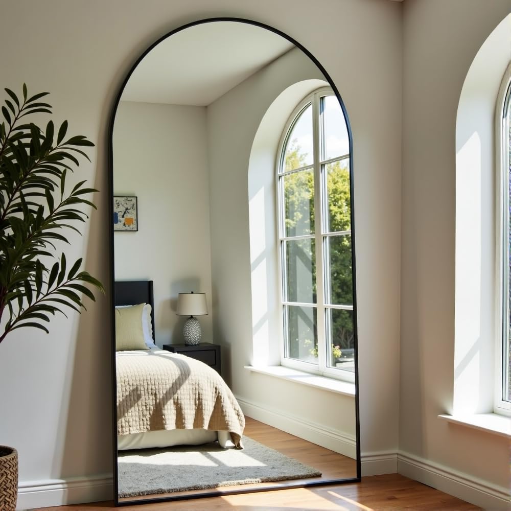 OGCAU Floor Full Length Mirror, 81"x41" Arched-Top Hanging, Leaning or Standing Mirror, Full Body Wall Mounted with Aluminum Frame for Living Room, Bedroom (Black)
