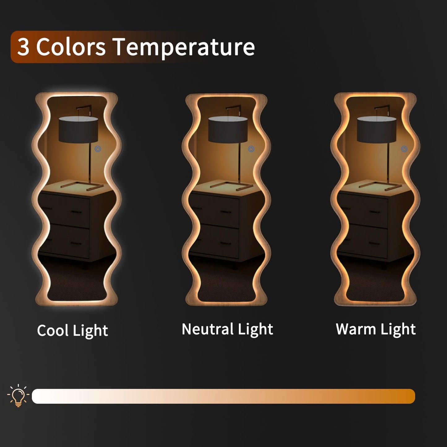 COOL2DAY 65" x 24" Led Wavy Full Length Mirror with Lights, Shatter-Proof Hanging/Leaning Irregular Wall Mirror, Wooden Led Floor Mirror for Dressing Bedroom Living Room