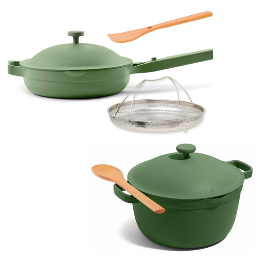 Our Place Cookware Duo | 7-Piece Ceramic Cookware Set with 10.5" Always Pan 2.0, 5.5 Qt Perfect Pot & Strainer Basket | Induction & Oven Safe up to 450°F | Nonstick, Non-Toxic Cookware | Sage