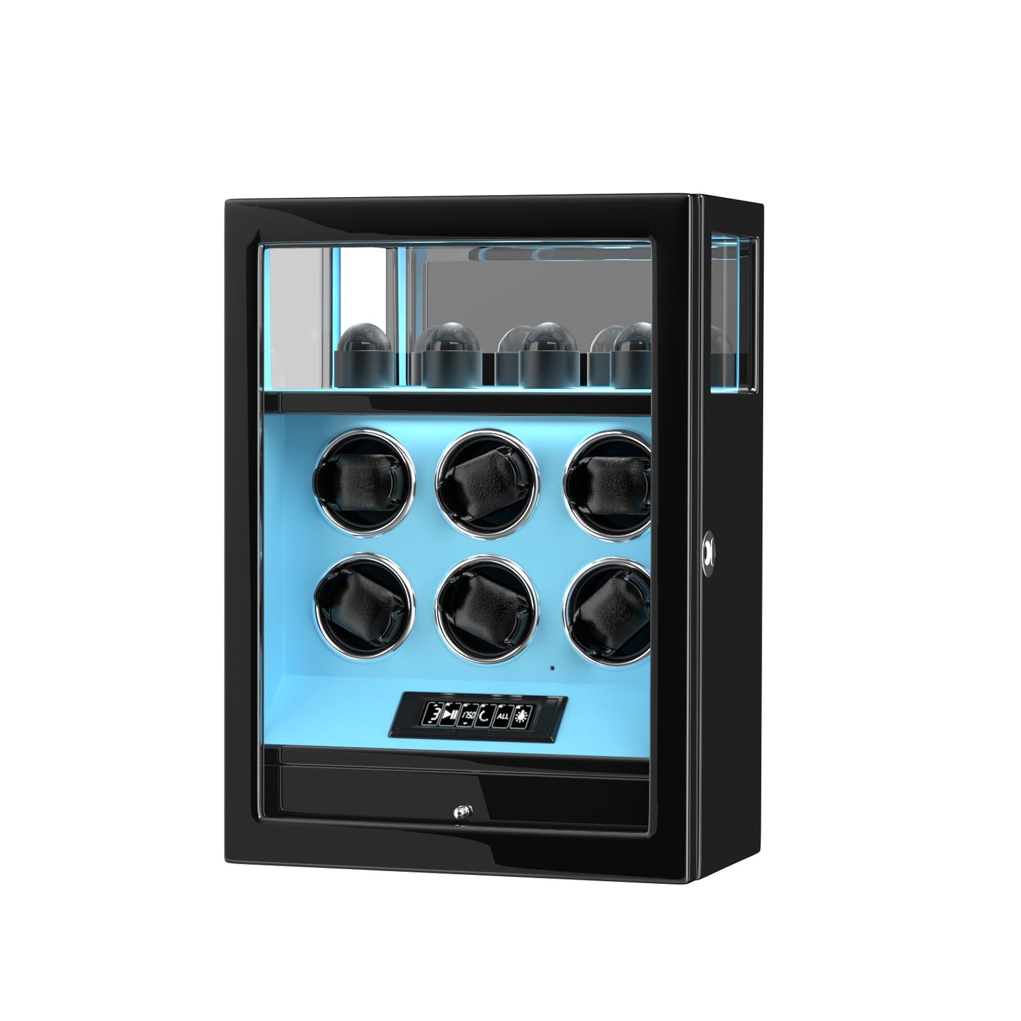 DUKWIN Watch Winder, Fingerprint Lock Automatic Watch Winder for 6 Watches with 4 Holders,300-2300 TPD,Digital Display, Remote Control,Jewelry Storage and Adjustable Watch Pillow and LED Light,Blue