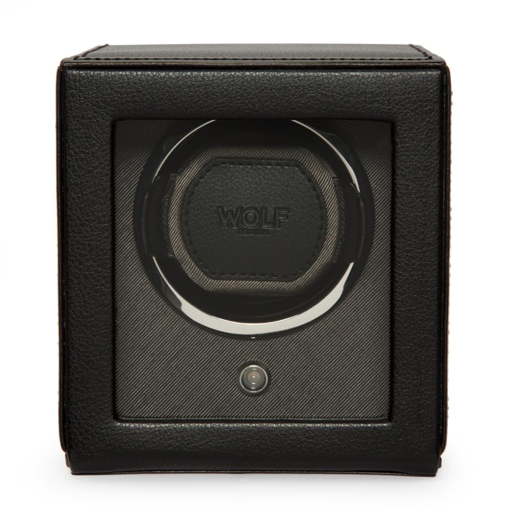 Wolf Cub Single Watch Winder with Glass Cover, Black - Secure Fit with Patented Lock-in Dynamic Cuff - Accommodates All Wrist Sizes - Vegan Leather - Includes Universal Adapter