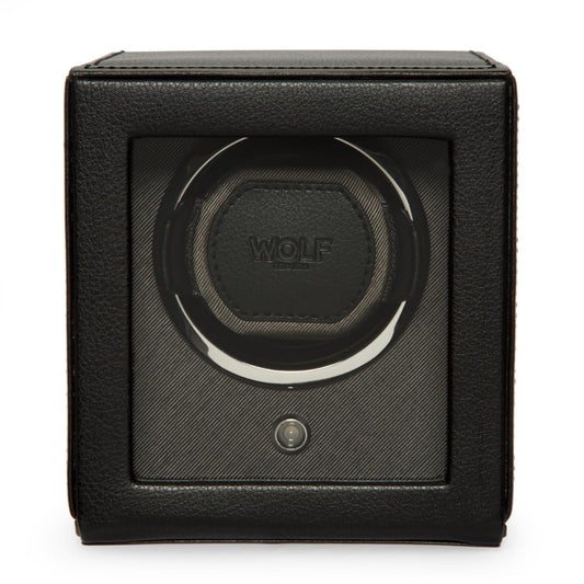 Wolf Cub Single Watch Winder with Glass Cover, Black - Secure Fit with Patented Lock-in Dynamic Cuff - Accommodates All Wrist Sizes - Vegan Leather - Includes Universal Adapter