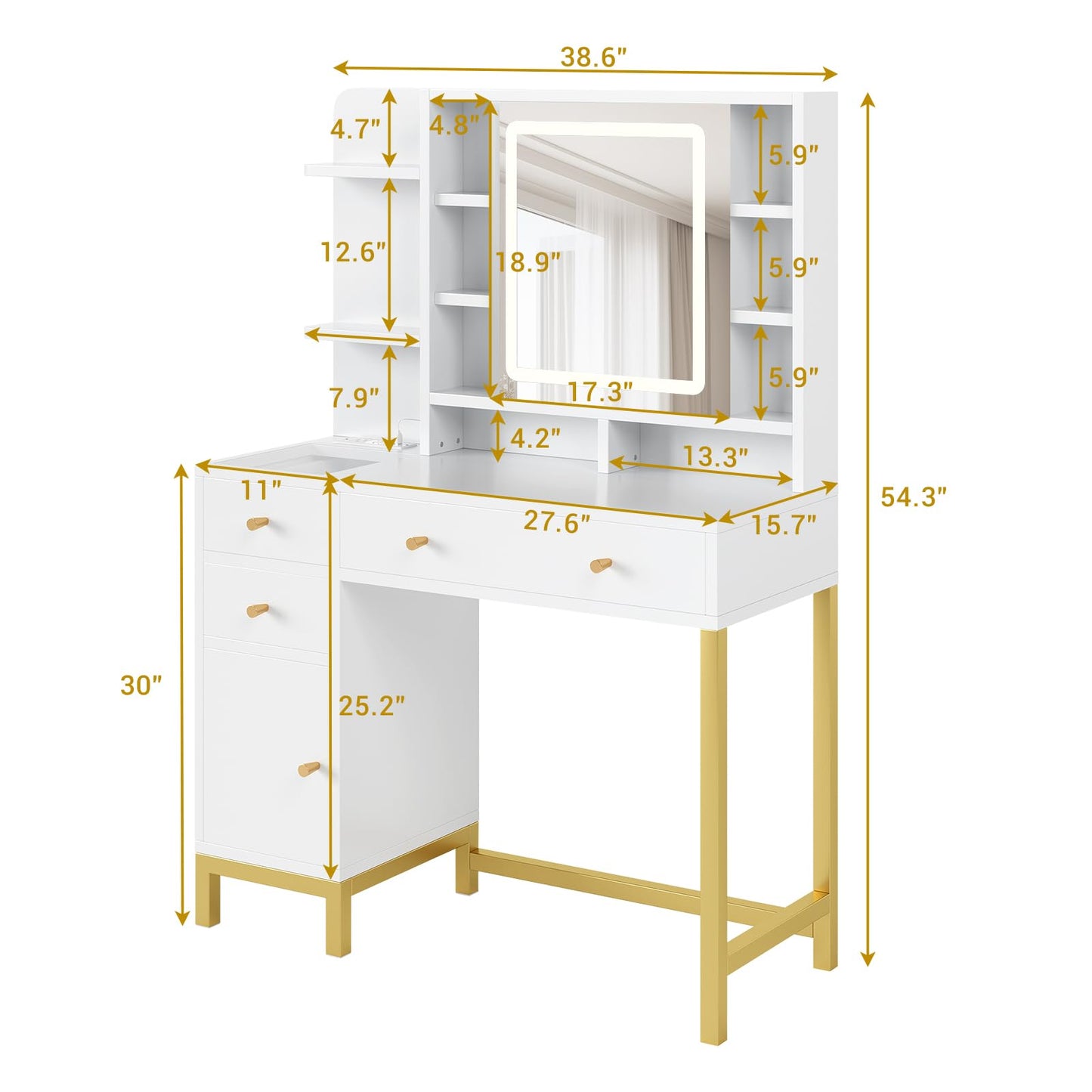 GAOMON 43.7'' White Vanity Desk Table with Lighted Mirror & Power Outlet, 3 Lighting Modes, Brightness Adjustable Vanity Table Makeup Vanity for Bedroom Dressing Room