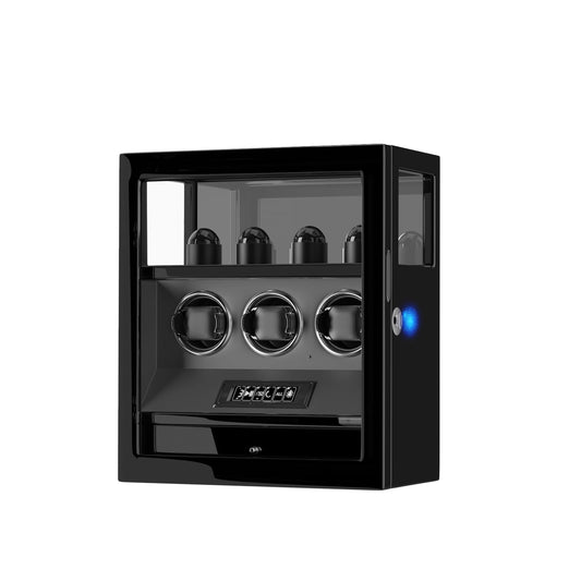 DUKWIN Watch Winder, Fingerprint Lock Automatic Watch Winder for 3 Watches with 4 Holders,300-2300 TPD,Digital Display, Remote Control,Jewelry Storage and Adjustable Watch Pillow and LED Light,Black