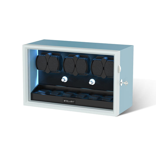 XTELARY Watch Winder for 6 Automatic Watches, Blue Lockable Automatic Winders with Extra 6 Watch Storages, 4 Rotation Modes, Flexible Watch Pillows, Quiet Mabuchi Motor, and Blue Backlight