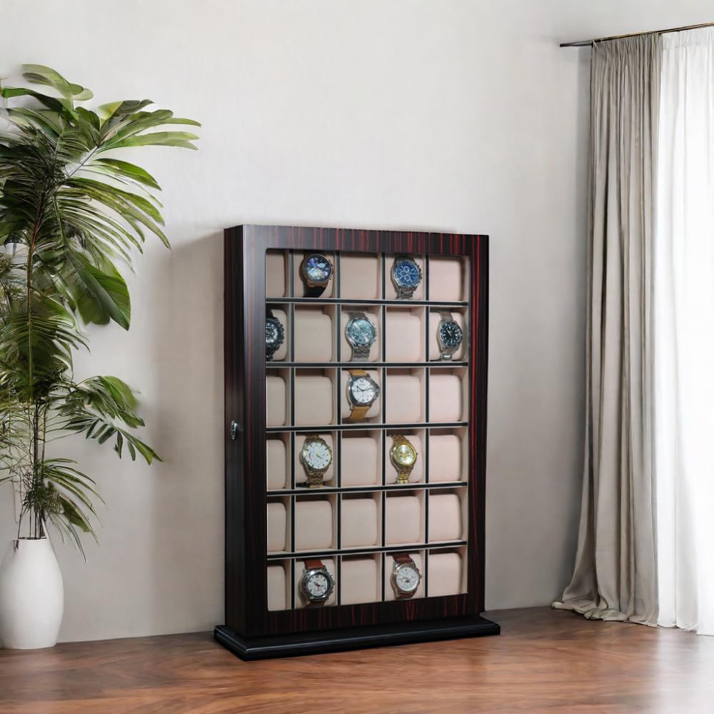 TIMELYBUYS 30 Piece Ebony Wood Watch Display Wall Hanging Case and Storage Organizer Box and Stand Father's Day Gift