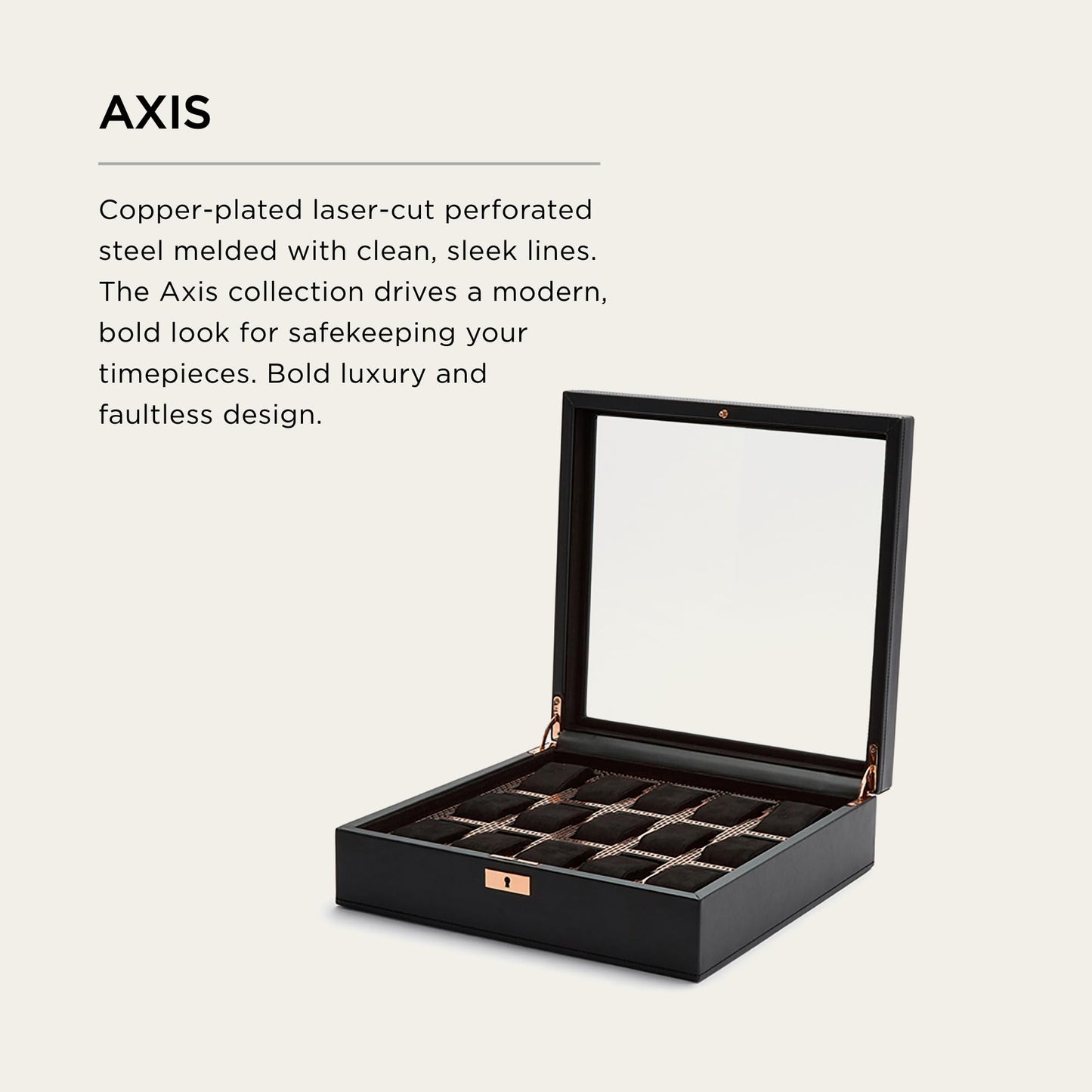 WOLF Axis 15-Piece Watch Box, Copper - Features 15 Watch Compartments, Lock and Key, Suspended Watch Cushions & Smart Watch USB Port