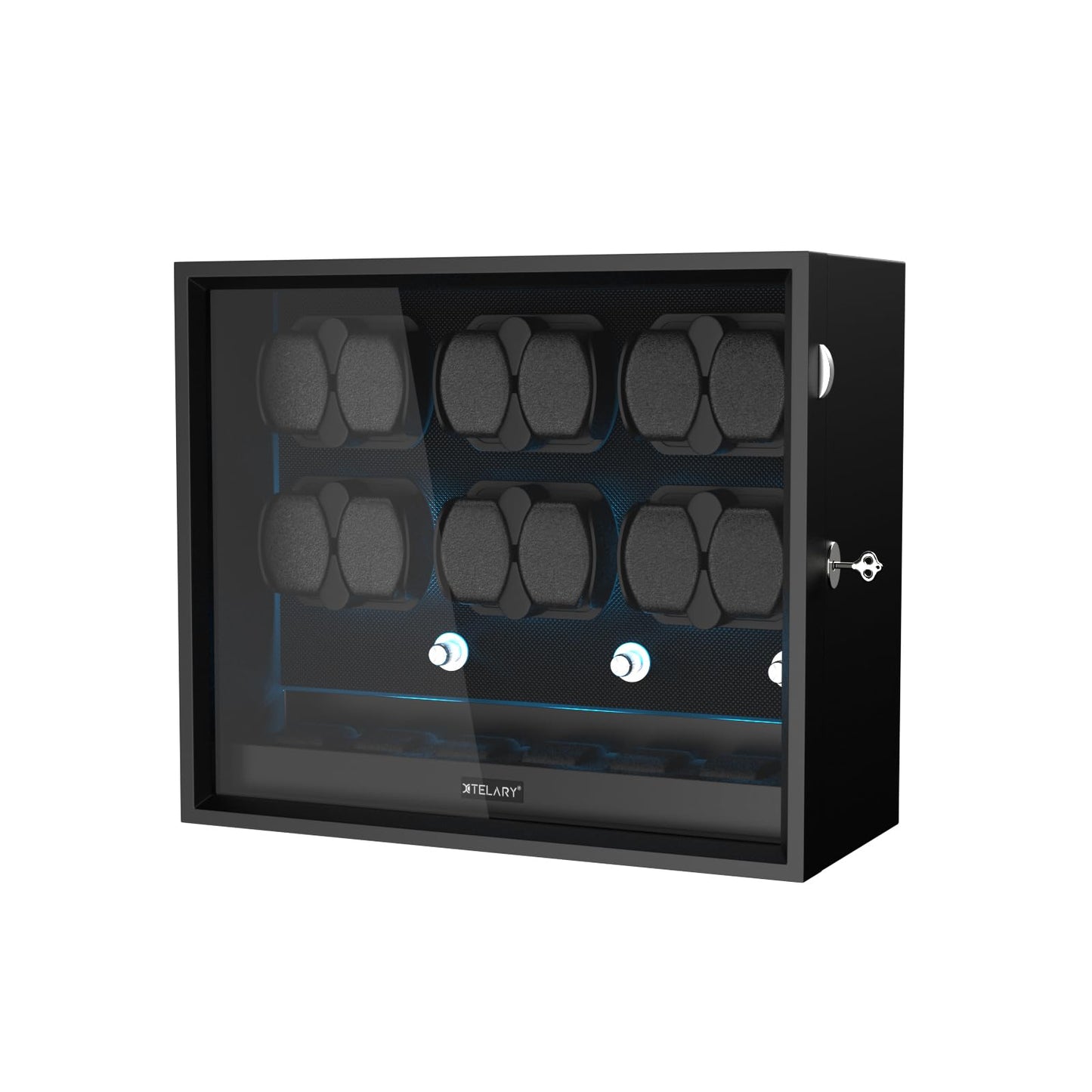 XTELARY Watch Winder for 12 Automatic Watches, Black Lockable Automatic Winders with Extra 6 Watch Storages, 4 Rotation Modes, Flexible Watch Pillows, Quiet Mabuchi Motor, and Blue Backlight