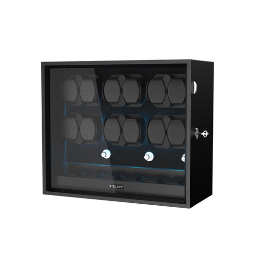 XTELARY Watch Winder for 12 Automatic Watches, Black Lockable Automatic Winders with Extra 6 Watch Storages, 4 Rotation Modes, Flexible Watch Pillows, Quiet Mabuchi Motor, and Blue Backlight