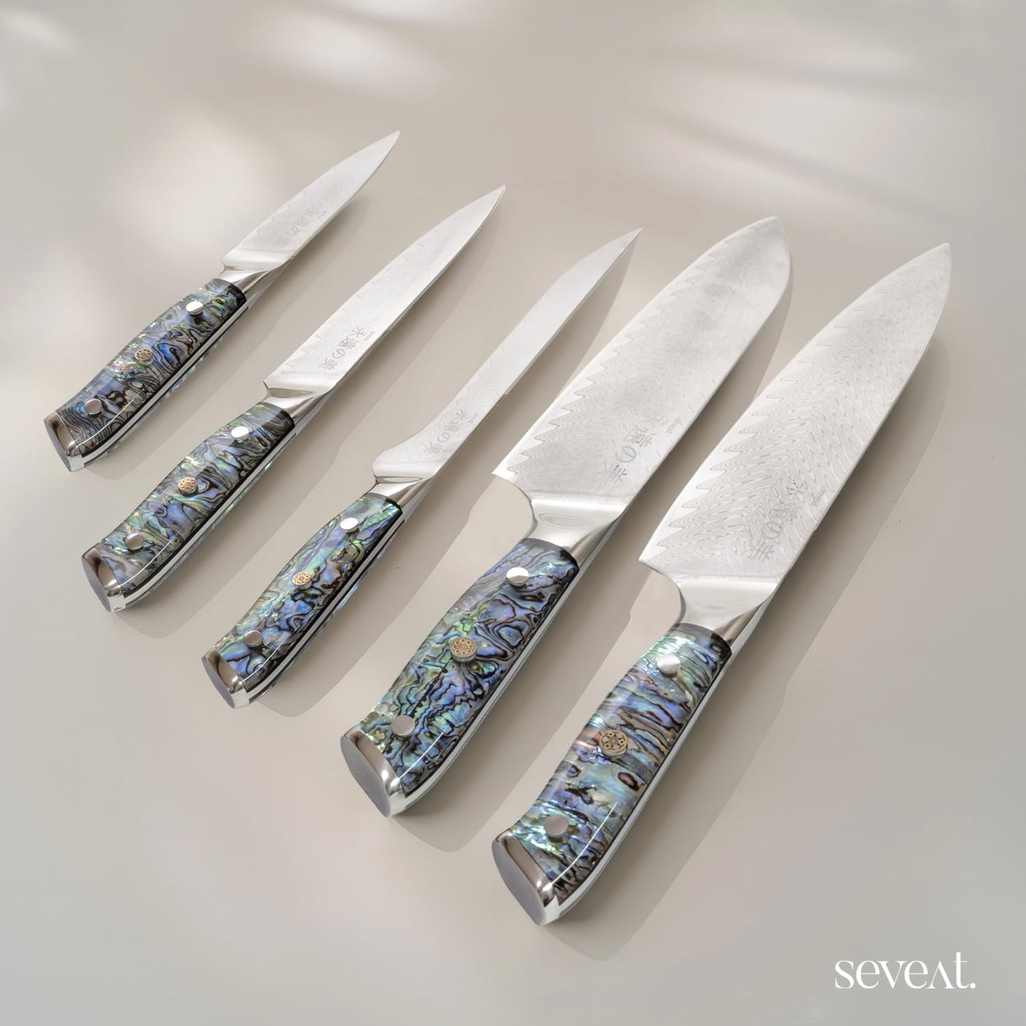 Seveat Damascus Kitchen Knife Set | 67-Layer Damascus Steel | Professional Chef Knives Set | Ergonomic Blue Shell Handle | Acacia Wood Magnetic Holder Included (Blue-3, 5-Piece Set)