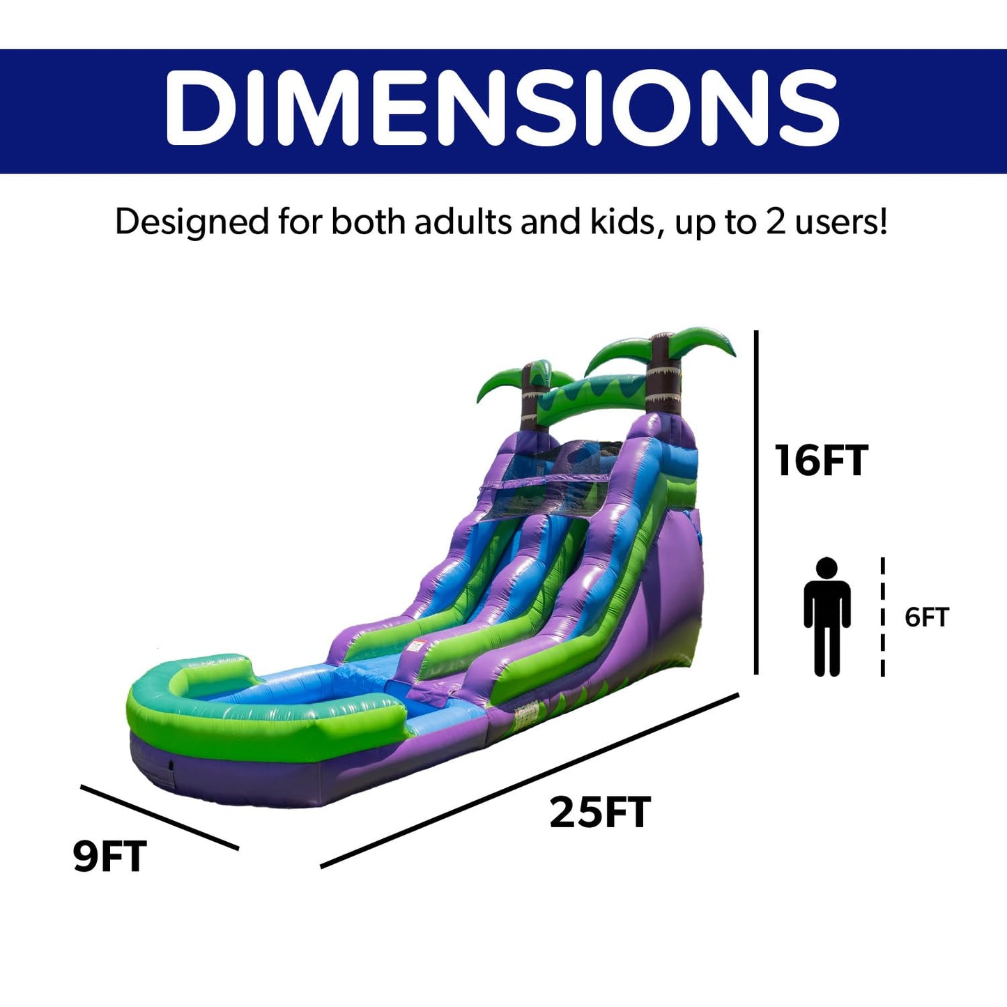 HeroKiddo 16ft Tropical Inflatable Water Slide with Pool, 25ft Long- 100% Commercial Grade PVC Vinyl, Reinforced Strength Wet/Dry Fun, Front Load Entry for Easy Supervision