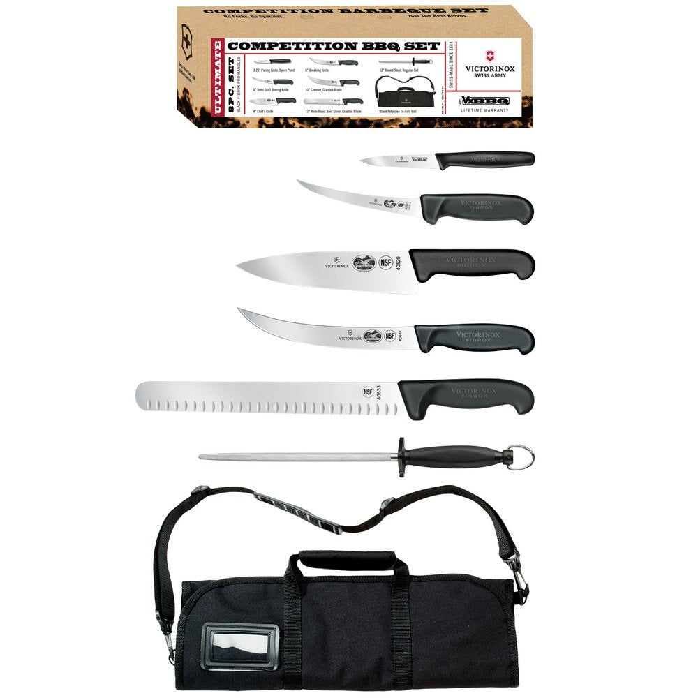 Victorinox Swiss Army 7-Piece Natural Competition BBQ Set with Black Fibrox Pro Handles and Knife Roll (46135US2)