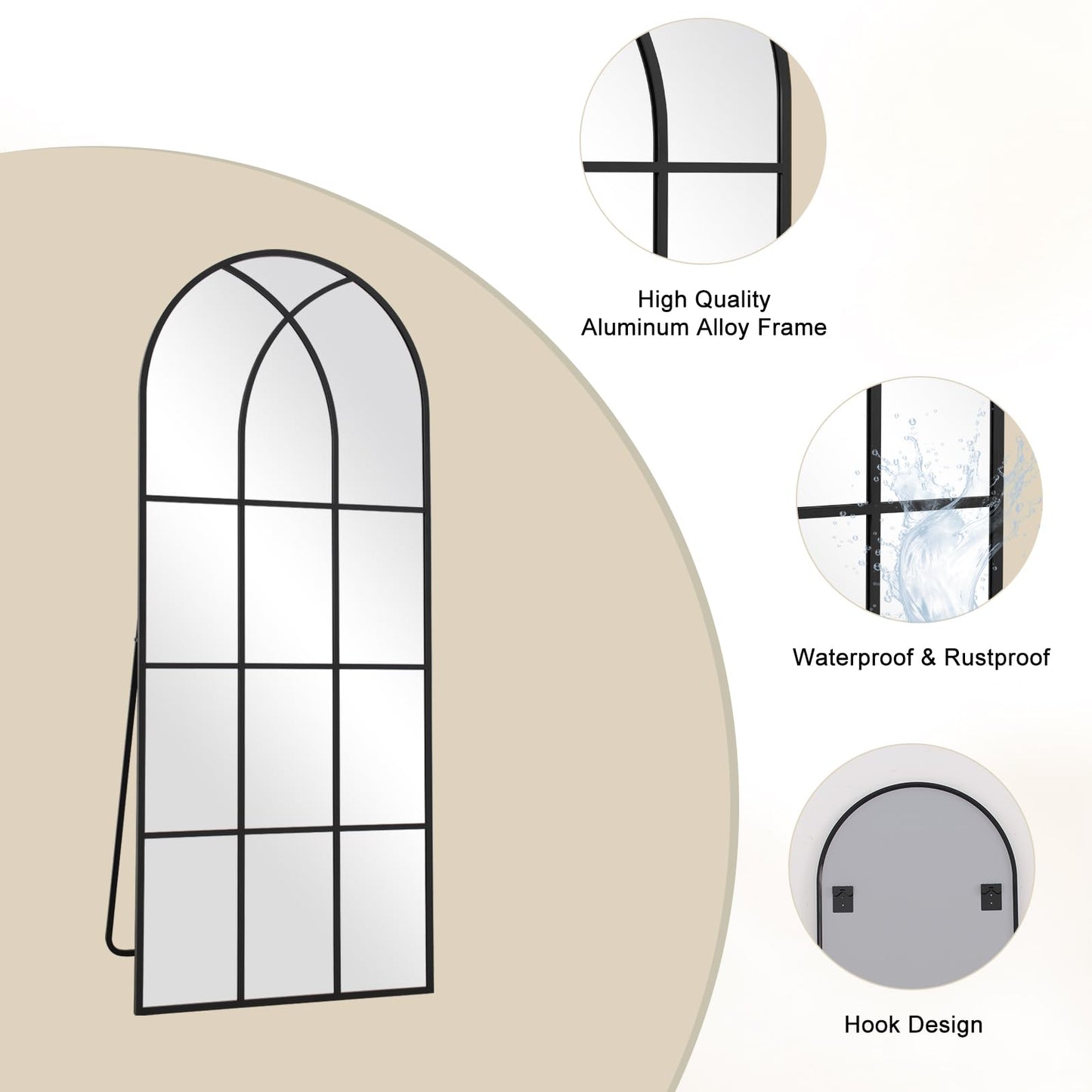 Arched Window pane Full Length Mirror 24"x65", Full Body Standing Mirror, Window Shaped Farmhouse Style with Aluminum Frame, Decor Wall Mirrors for Living Room, Courtyard, Bedroom, Entryway, Black