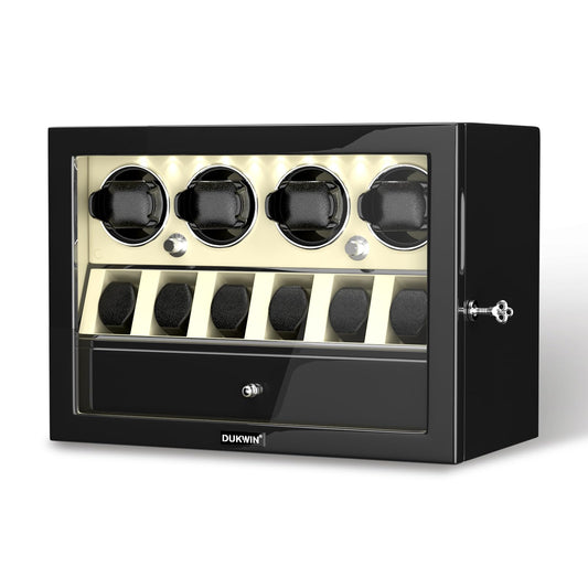 DUKWIN Watch Winder for 4 Automatic Watches, White Lockable Watch Winders with Extra Watch Storage, Jewelry Storage, 4 Rotation Modes, LED Light, Super Quiet Mabuchi Motor and Spring Watch Pillows