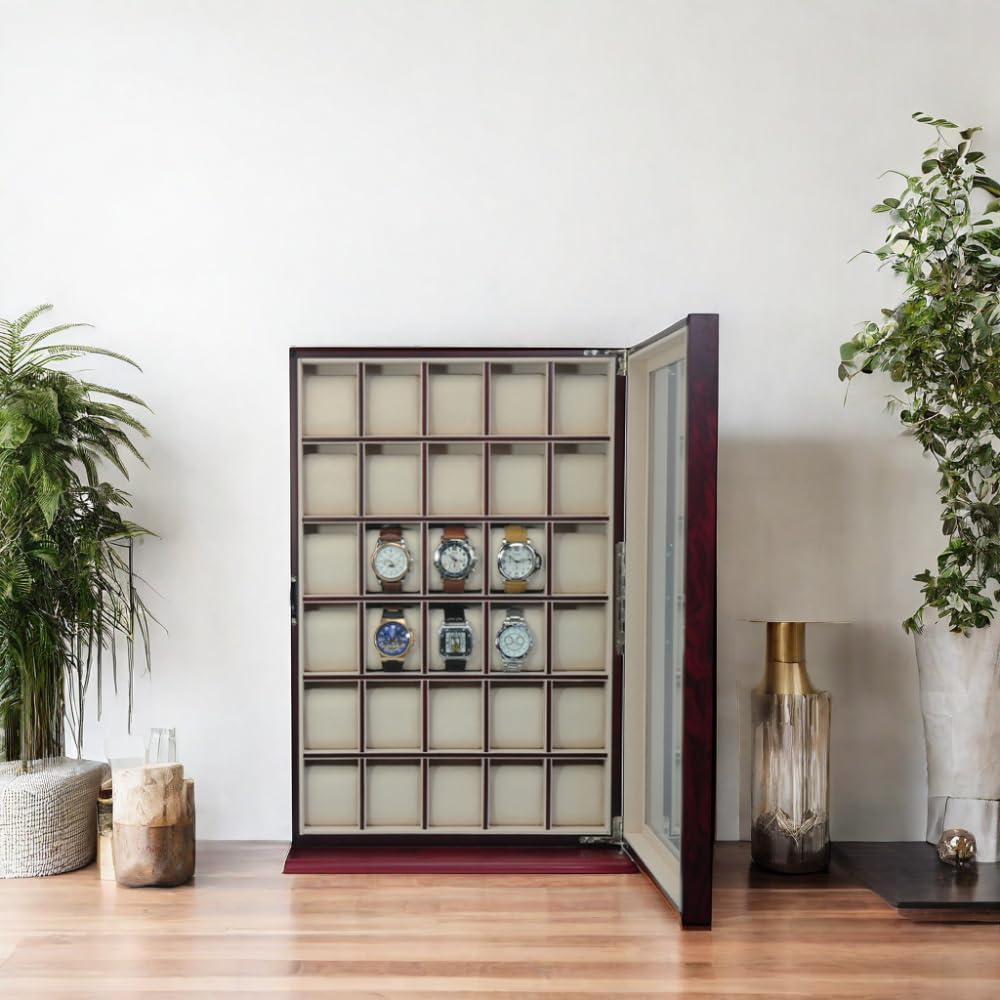 TIMELYBUYS 30 Piece Cherry Wood Watch Display Wall Hanging Case and Storage Organizer Box and Stand Father's Day