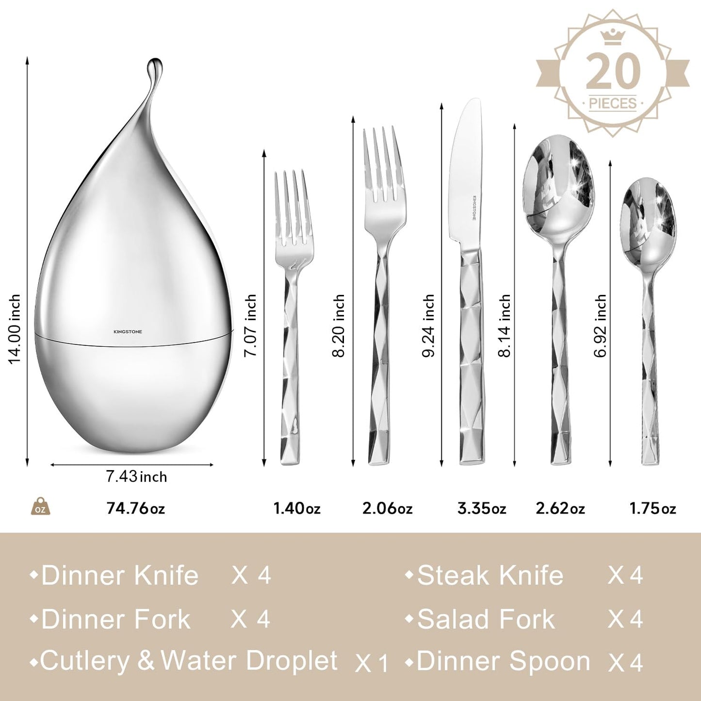 KINGSTONE Silverware Set with Waterdrop Storage Organizer, Luxury 20 Piece Flatware Set for 4, 18/10 Stainless Steel Cutlery Set with Diamond Cut Pattern Ideal for Kitchen,Party and Gift